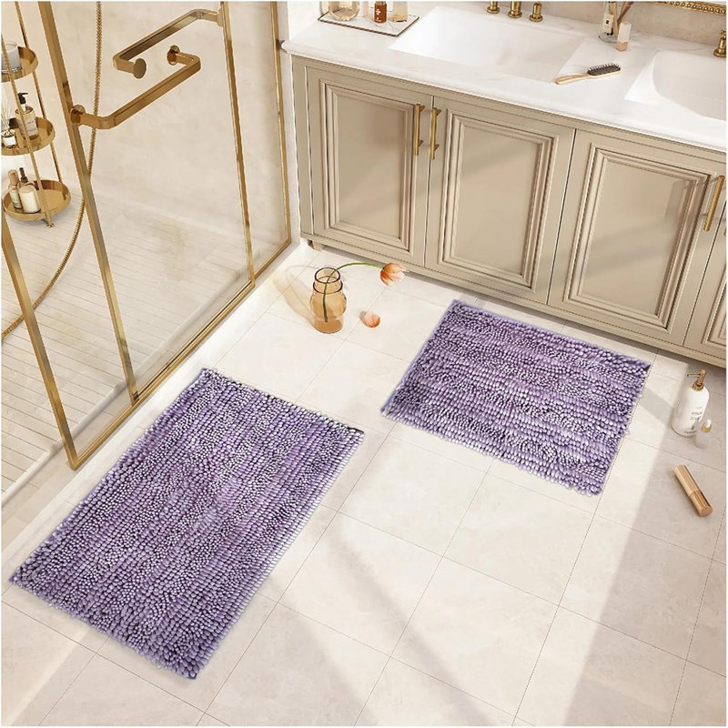Ensemble de tapis de salle de bain 2 pièces, tapis de bain en chenille de beurre mauve clair, envers antidérapant, super absorbant d'eau, lavable à la machine, lavande