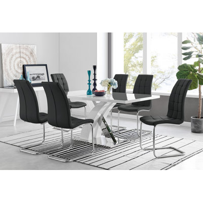 Edzard Chrome & White High Gloss Dining Table Set with 6 Luxury Faux Leather Dining Chairs
