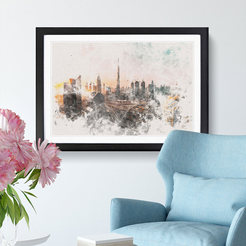 Burj Khalifa Dubai Skyline - Single Picture Frame Painting on MDF, 36cm H x 48cm W x 2cm D, Black Framed