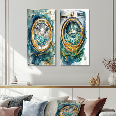 Green Washing Machine Wonders I – Laundry Metal Wall Art Set of 2 Prints