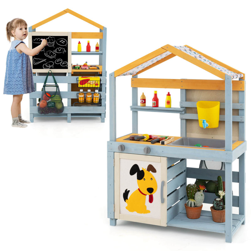 2 In 1 Wooden Mud Kitchen Outdoor Play Kitchen & Grocery Store With Sink