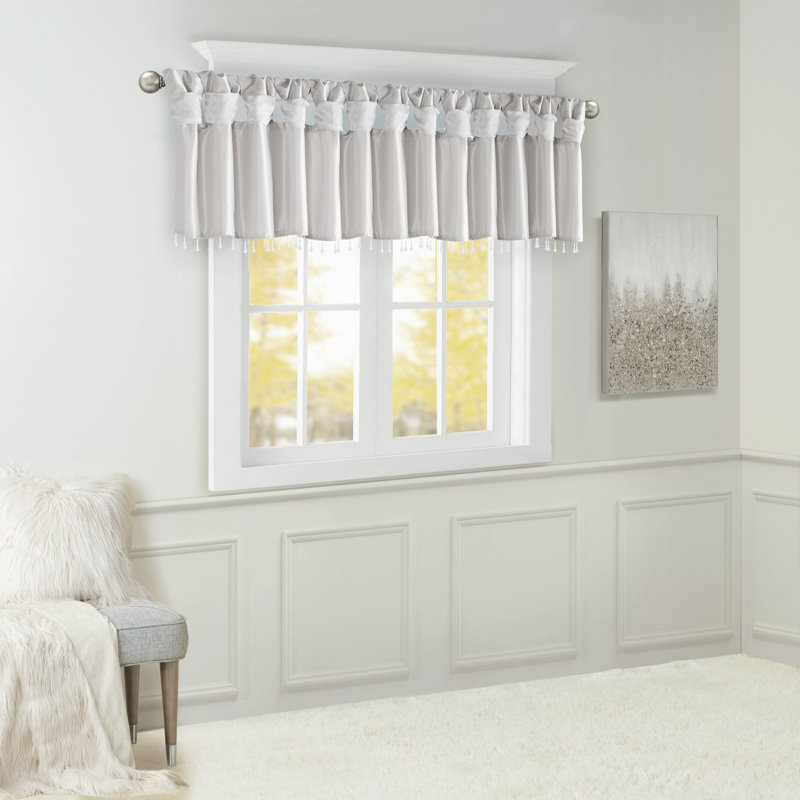 Karlita Silver Lightweight Solid Faux Silk Lined Twisted Tab Top Single 50x26" Valance with Beads, Silver