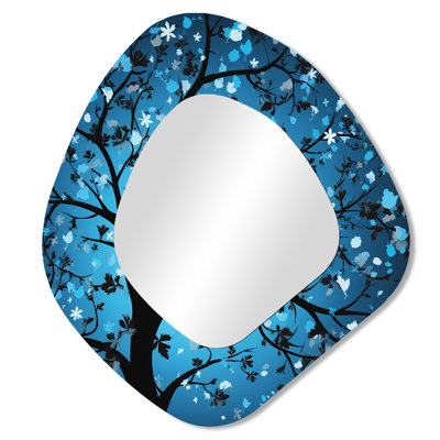 Blue moonlight tree revery I - Tree Asymmetrical Unique Wall Mirror, Modern Unique Shape Mirror, Printed Metal Art