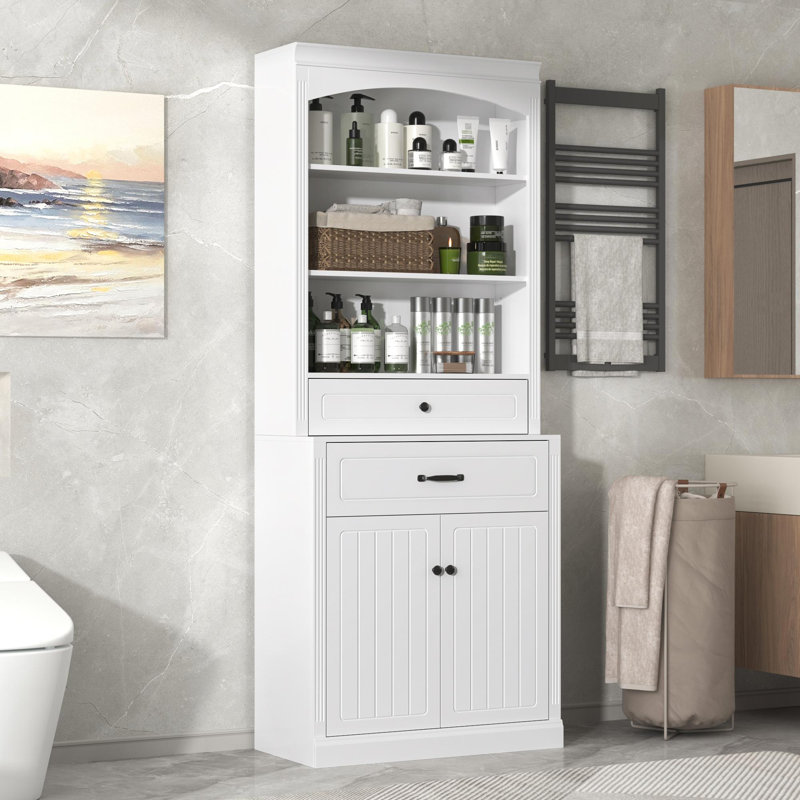 Bathroom Storage Cabinet with Two Doors, Drawers, Adjustable Shelf & Three Open Shelves, White