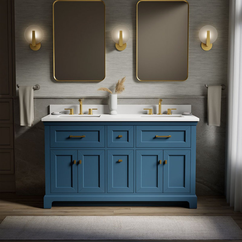 Charlemont 60 In. Bathroom Vanity Cabinet With Sinks And Quartz Top, Tidal Blue