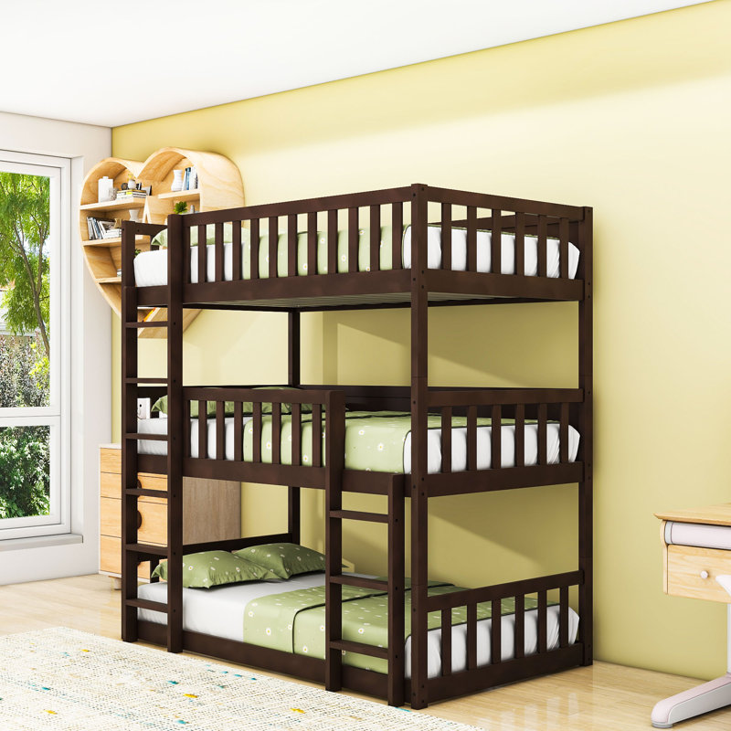 Triple lit simple superposé en bois avec garde-corps et deux échelles intégrées