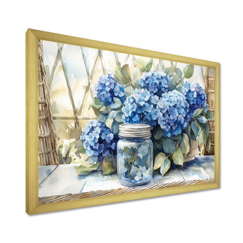 Doris hortensias et eucalyptus II - hydrangées, art mural, Reproduction encadrée d'une seule photo, H 30 po x l 40 po, Doré