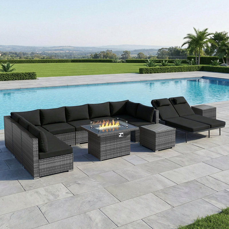 12-Piece Outdoor Conversation Seating Sectional Set With Fire Pit Table And Double Chaise Lounge, Black