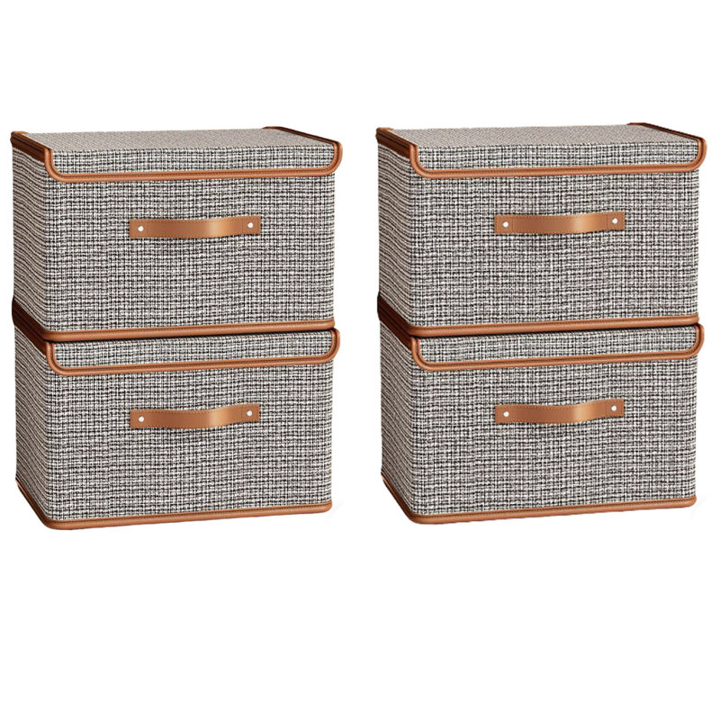 4Pcs Large Storage Bins with Lids, Decorative Storage Boxes with Lid and PU Handles, Foldable Storage Baskets for Closet, Shelves, Stackable，Set of 4