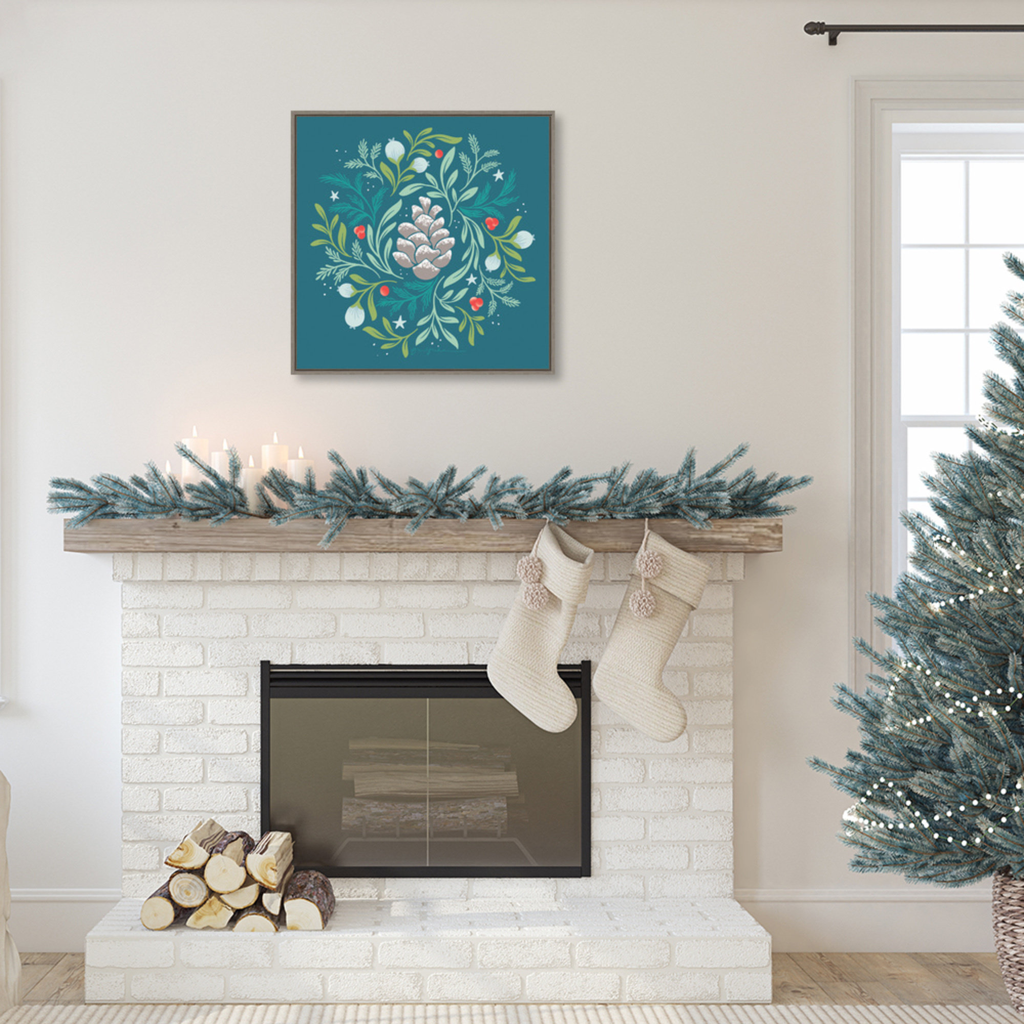 Printed Elegant White Christmas Tree Decorations and Fireplace Backdrop -  4663