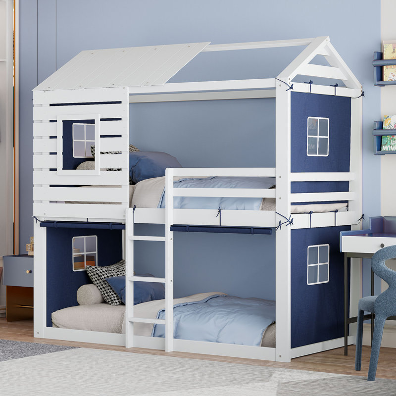 Twin Size Bunk Bed with Playhouse Tent, Wooden Kids Loft Bed, Pinewood Treehouse Design, Blue+White, Blue, Twin Over Twin