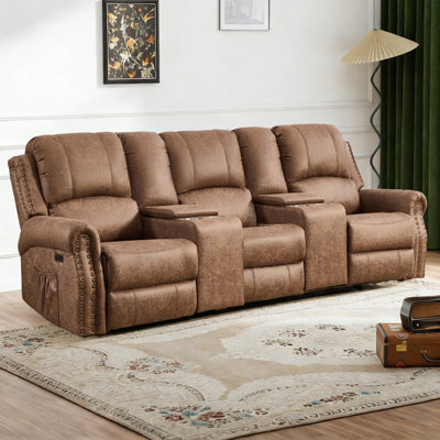 110.63” Wide Retro Nailhead Trim Faux Leather Electric Reclining 3-Seater Sofa With USB/Type-C Ports, Side Pockets & Center Console
