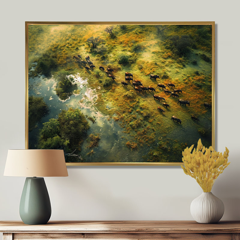 Castanon - impression d'art mural paysage africain, Toile avec cadre flottant or, H 34 po x l 44 po x P 1,5 po