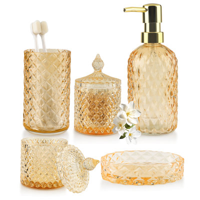  13.5 oz Elegant Diamond Embossed Glass Bathroom Accessory Set (yellow)