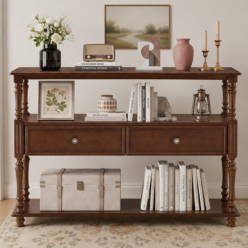 Console à 3 niveaux avec 2 tiroirs, finition en placage de bois véritable, glissières de tiroir à glissement lisse, pieds en bois d'hévéa massif