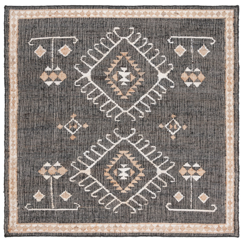 Mickie Southwestern Handmade Flatweave Jute Black/Ivory Area Rug, Square 7'