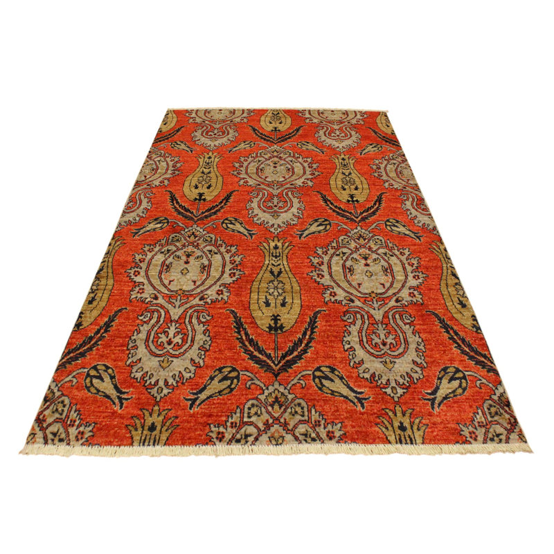 Tapis rouge / brun / noir en laine noué à la main 4 pi x 5 pi 9 po Damask