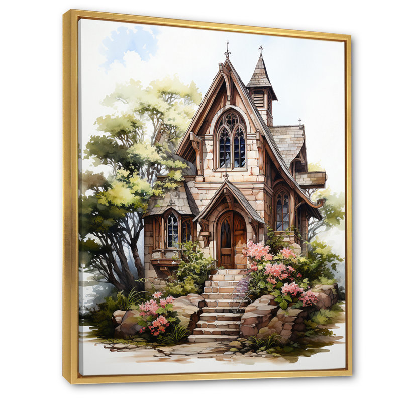 Chapelle de mariage, aquarelle rustique sur toile, Cadre flottant doré, 32" H x 16" W