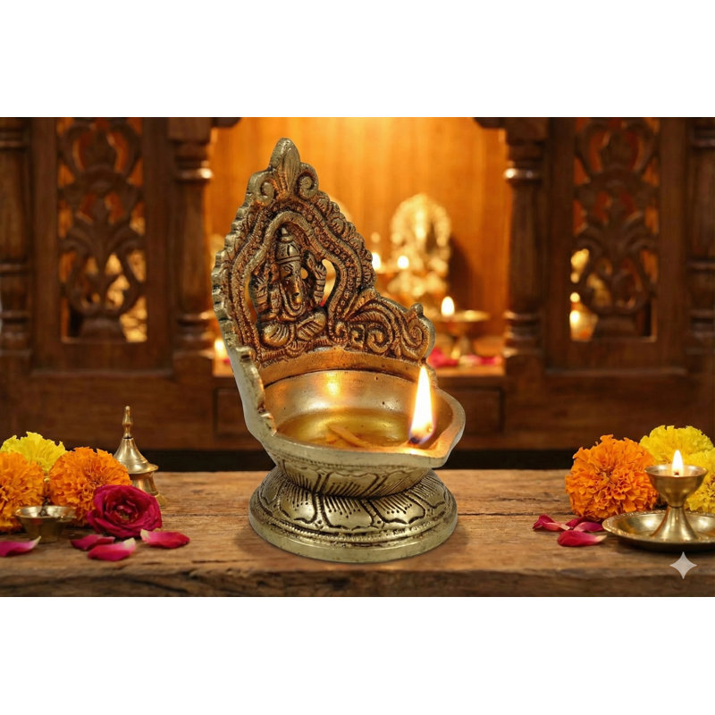 Handmade 5-Inch Brass Ganesha Lamp Diya – Small Hindu Oil Lamp with Lord Ganesha for Puja, Meditation, Home Decor