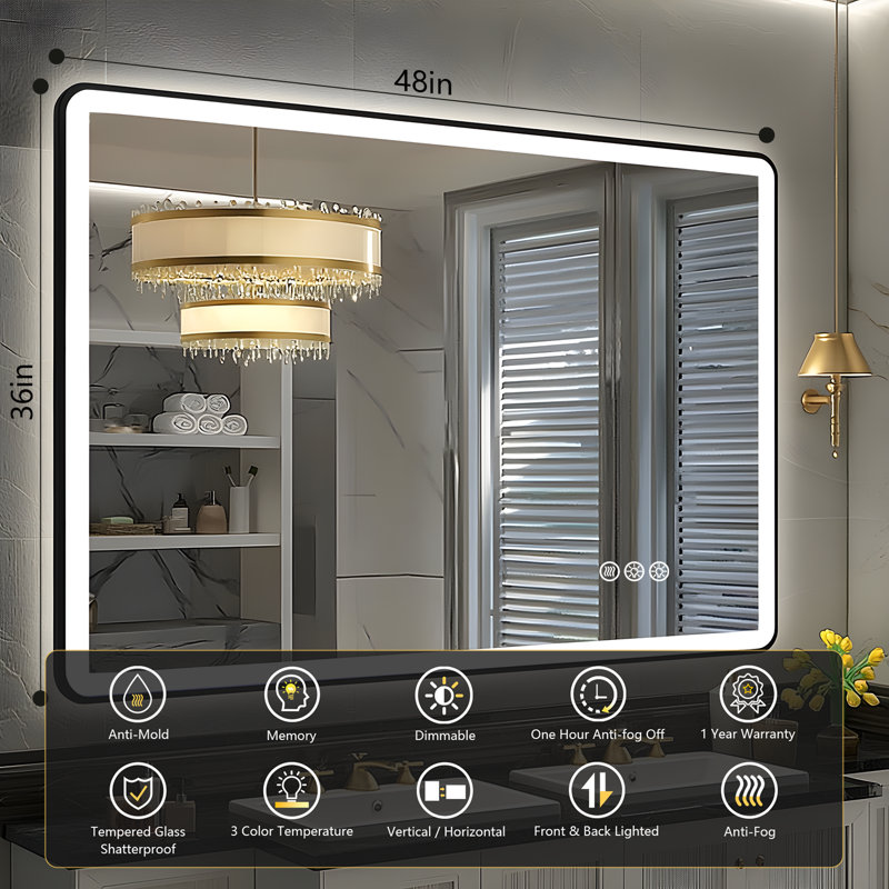 Lunara Independent Dual Backlit&Front Lights LED Wall Mirror, Rounded Corner Matte Black Metal Framed Bathroom Mirror with Tempered Glass