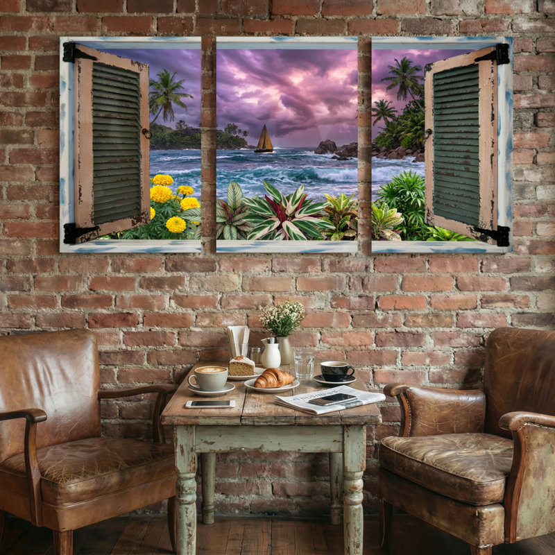 Paysage et nature, vue sur l'océan tropical avec voilier et palmiers, H 36 po x l 72 po
