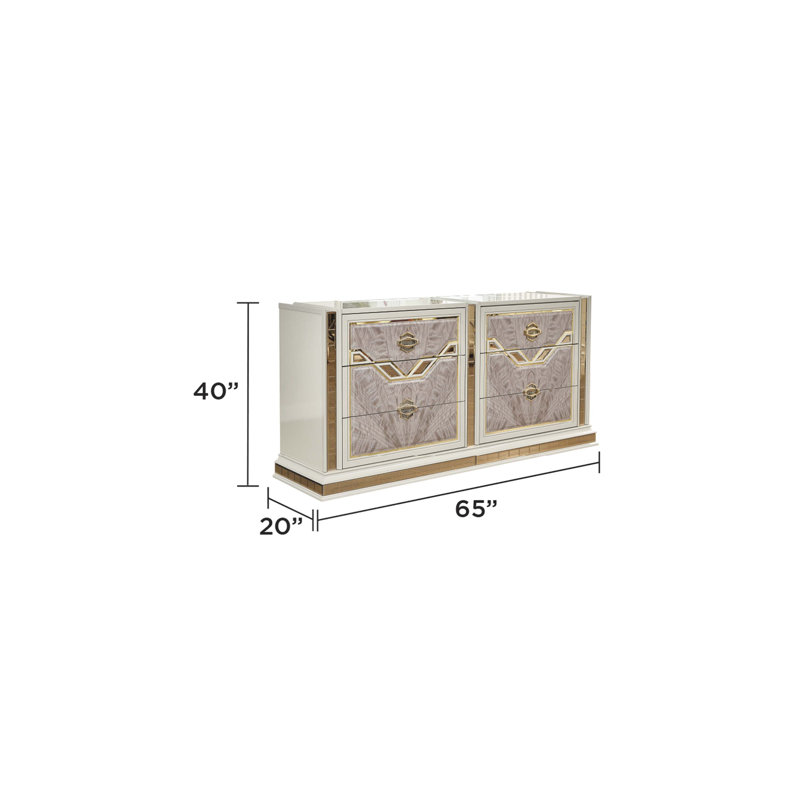 Commode à 6 tiroirs de style moderne Omari en bois et accents dorés de couleur beige