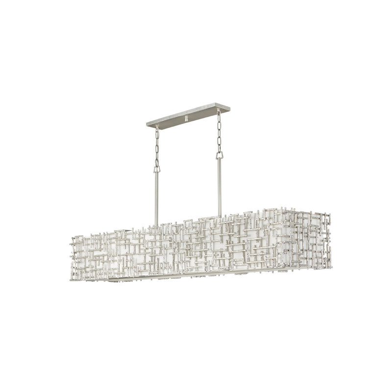 Farrah 10-Light White Linen Linen Chandelier w/ Hammered Crosshatch Bars, Silver Leaf
