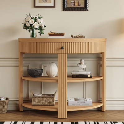 Console cannelée demi-lune avec tiroir et 2 tablettes pour le hall d'entrée, le salon et le couloir