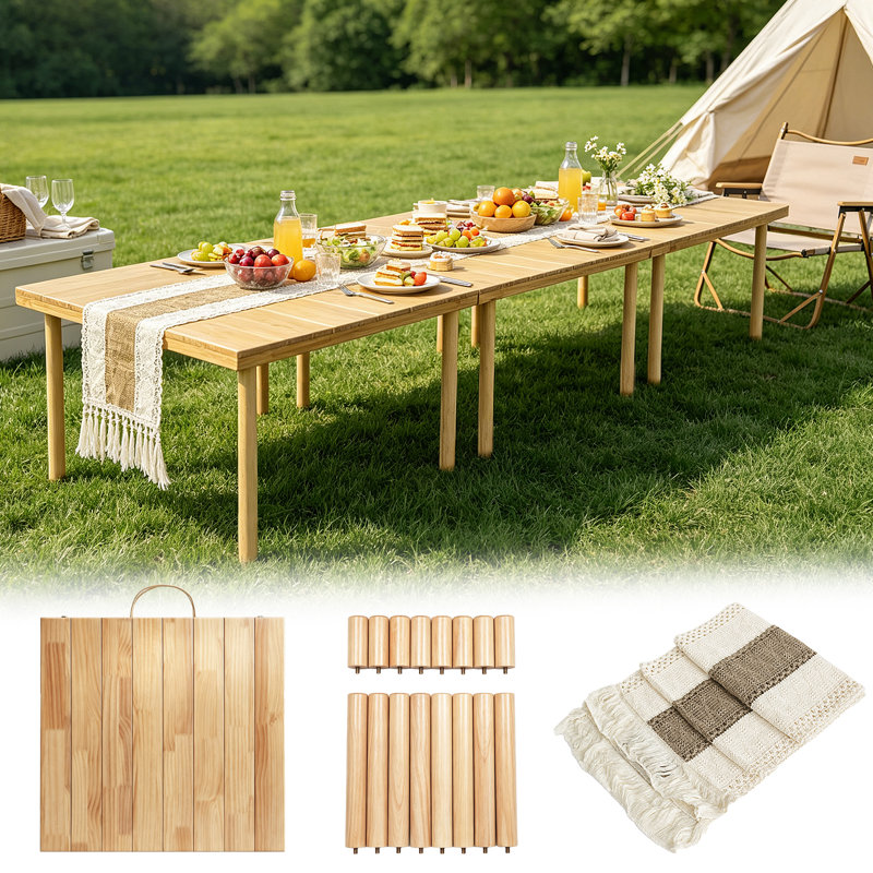 Table pliante en bois massif, table de pique-nique portable à l'extérieur et à l'intérieur, poignée, 60''