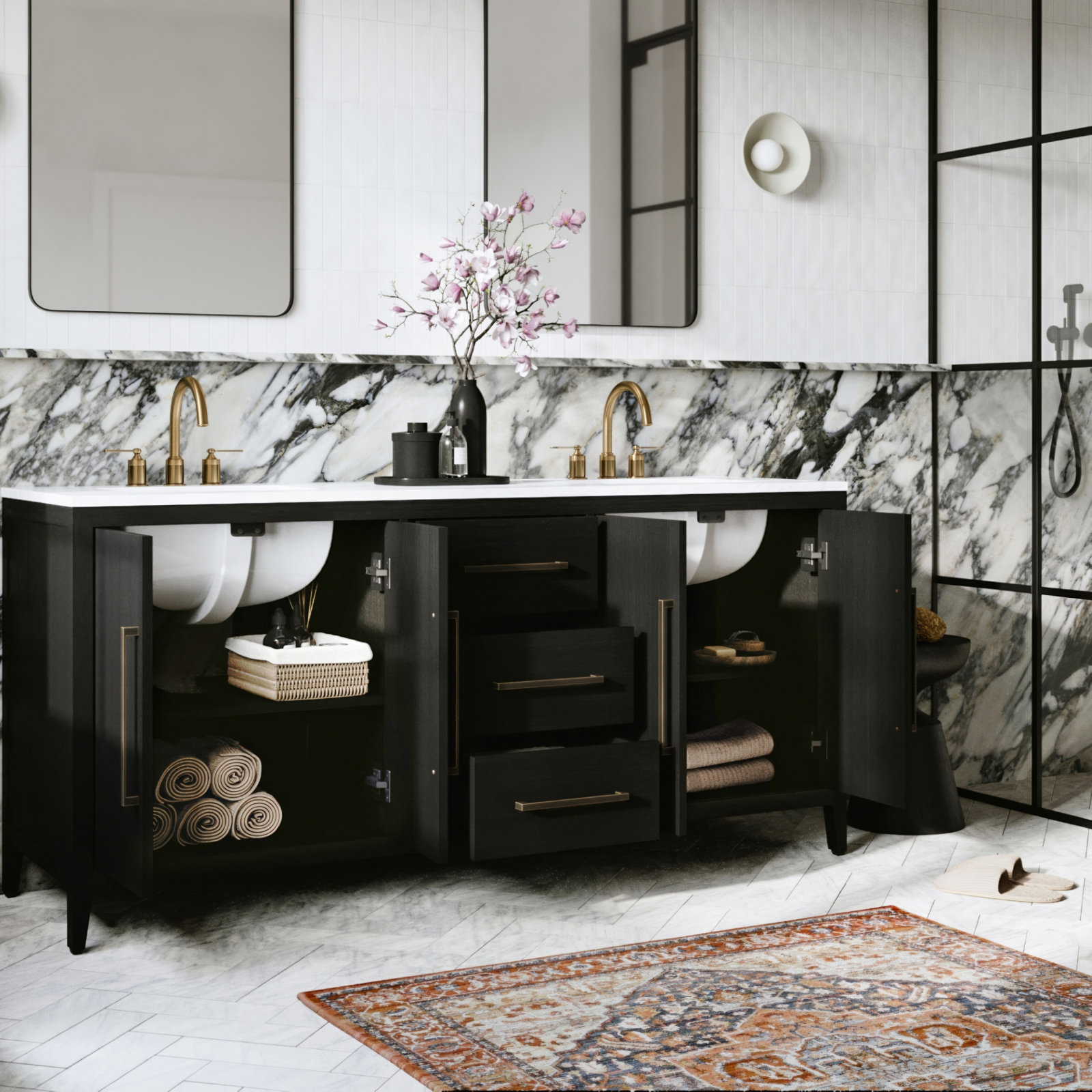 Alsup 60" Carrara Marble Double Bathroom Vanity, Wire Brushed Dark Oak, 72"