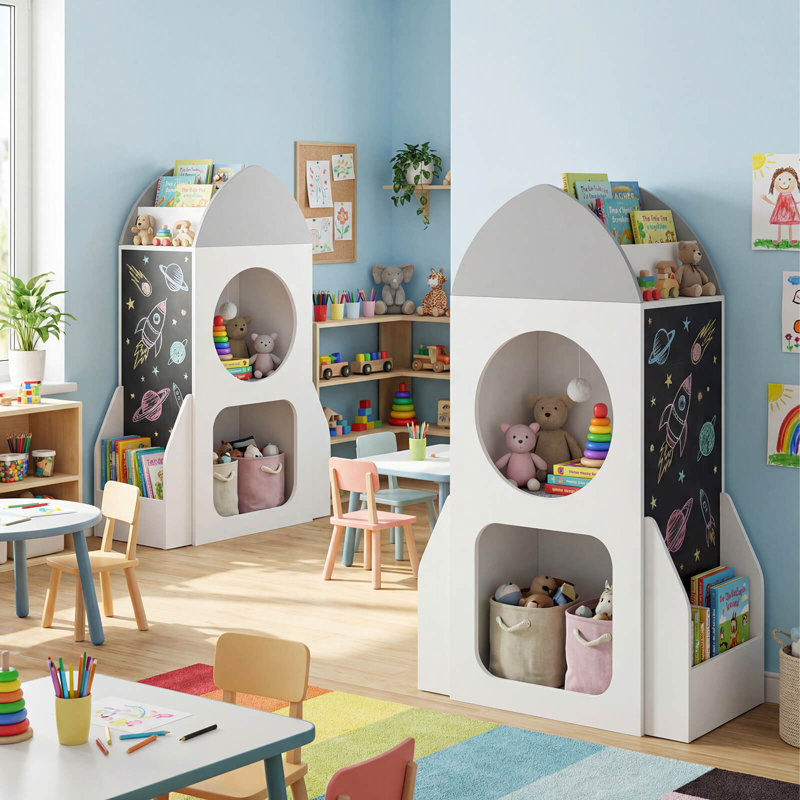 Organisateur de rangement pour jouets pour tout-petits avec tableau noir et 2 casiers Rocket Space