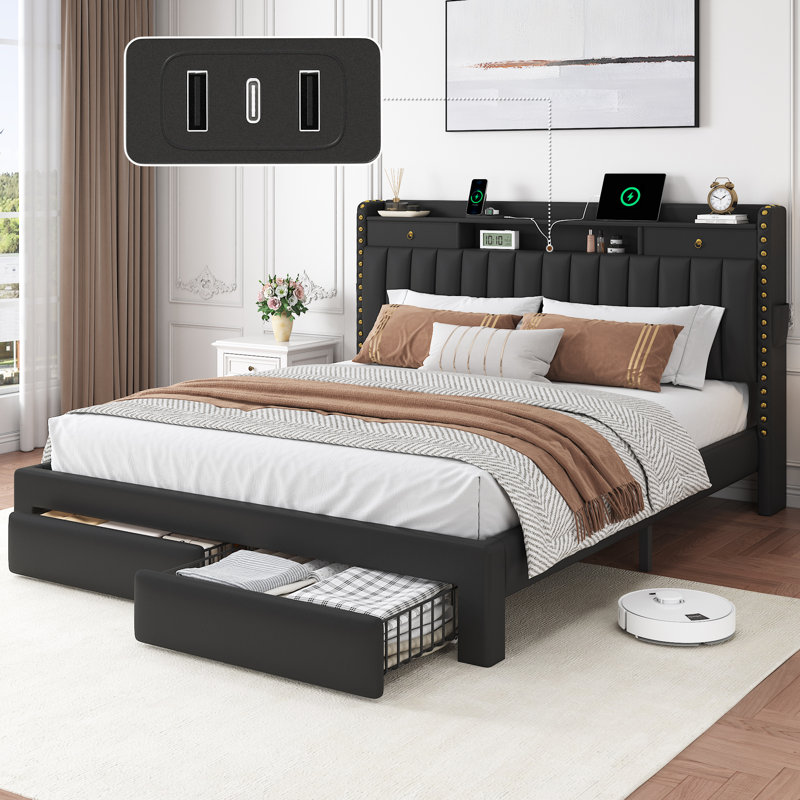 Cadre de lit plateforme rembourré avec 4 tiroirs, ports de chargement USB et de type C, tête de lit avec rangement, sans sommier, montage facile