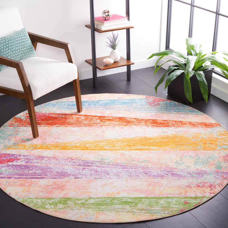 Tapis rose / bleu / orange à motif abstrait Nichalas, Rond 6 pi 7 po