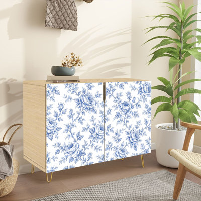 Buffet Buffet avec rangement Motif floral blanc et bleu sans couture, plantes grimpantes, imprimé Toile avec 2 portes pour le salon et la cuisine