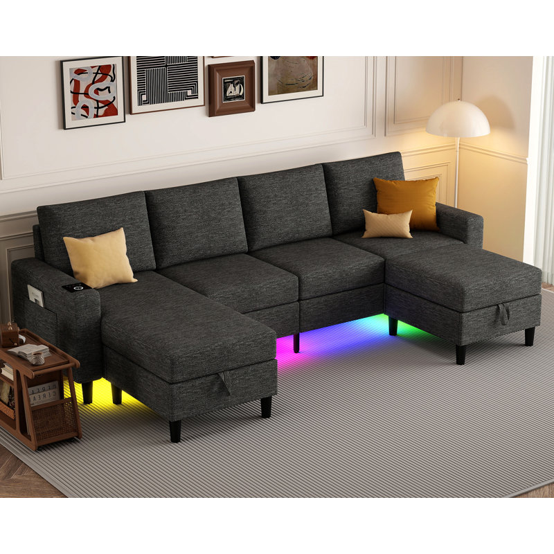 109" Sectional Couches For Living Room, 4 Seat Sectional Sofa With Rgb Light/Wireless Charging/Usb/Type-C, Gray