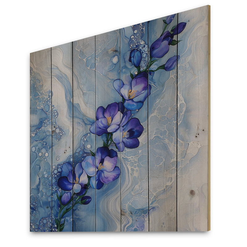 Symphonie éternelle de fleur de freesia bleu I - iris, art mural en bois sur bois de pin naturel
