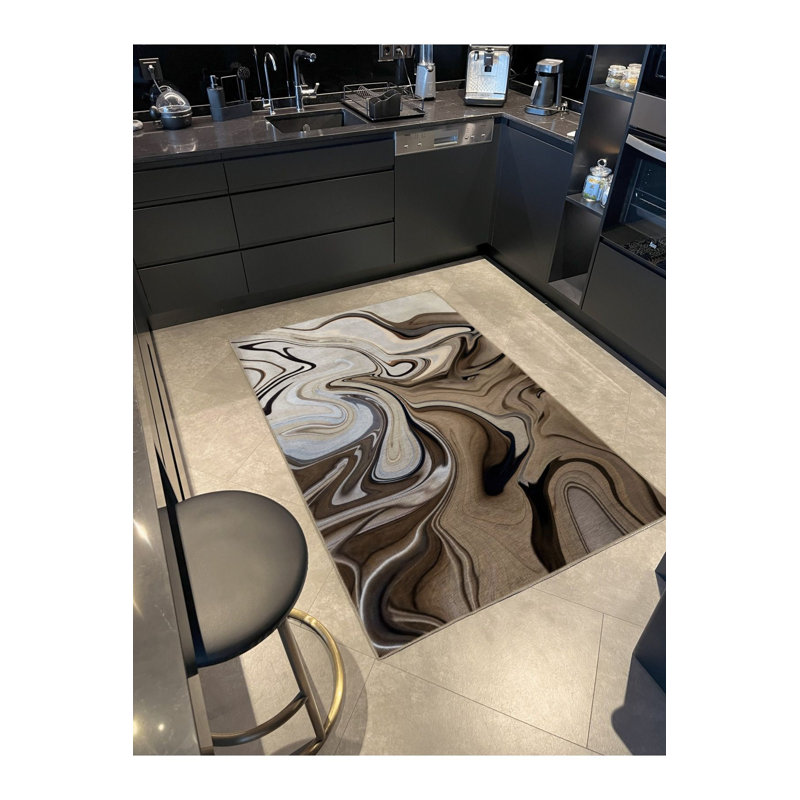 Tapis beige lavable à la machine à motif abstrait multicolore, Tapis de couloir 3 pi 3 po x 6 pi 7 po
