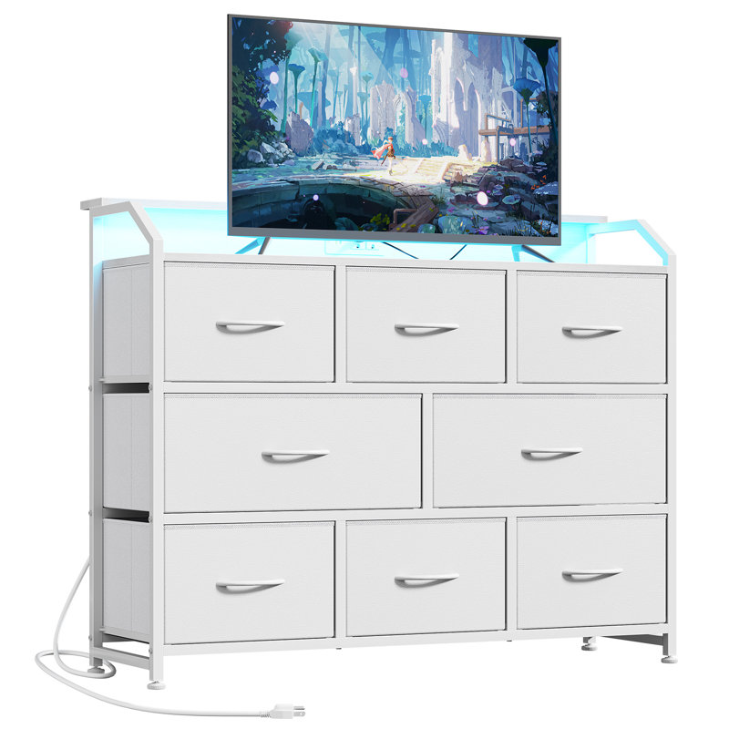 39.4" W Rectangular LED & Power Outlets 8-Drawer TV Stand, White