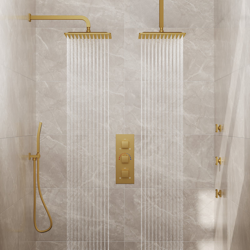 Thermostatic Dual Showerheads System, 12" High-Pressure Rainfall Shower Faucet with Handheld Spray and Body Jet, Brushed Gold
