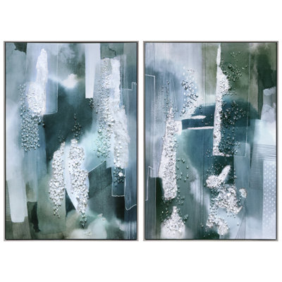 «Silver Mist I & II», art mural sur toile avec de lourds éclats de cristaux en acrylique