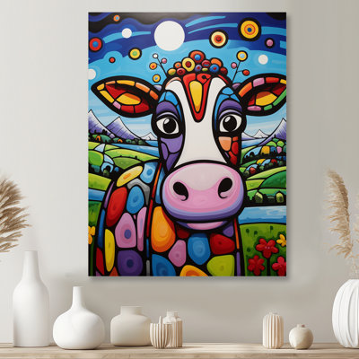 'Pink Green Abstract Cow Landscape I - Cow Animal Wall Art Living Room