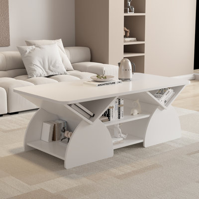 Table basse de coin rectangulaire arrondie en bois d'ingénierie pour le salon, table de rangement facile à assembler avec tablettes ouvertes, cadre robuste pour la salle de réception, table basse moderne à motif géométrique