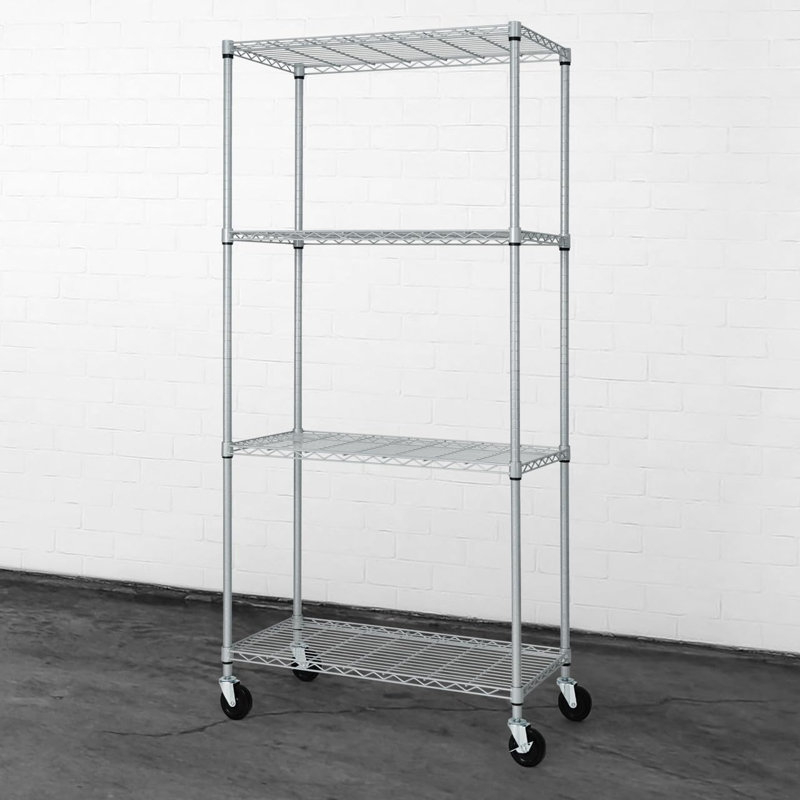 Étagère grillagée commerciale robuste à 4 niveaux avec roulettes et pieds de nivellement CAPHAUS NSF, 36 x 18 x 76, argent
