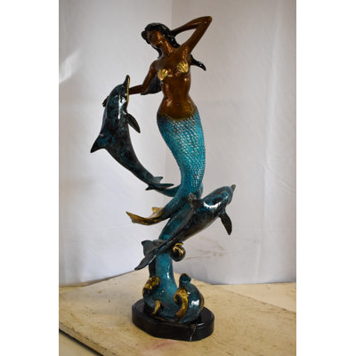 Irianna Abstract & Geometric Graceful Mermaid and Two Dolphins Bronze Statue 13" x 9" x 31"H