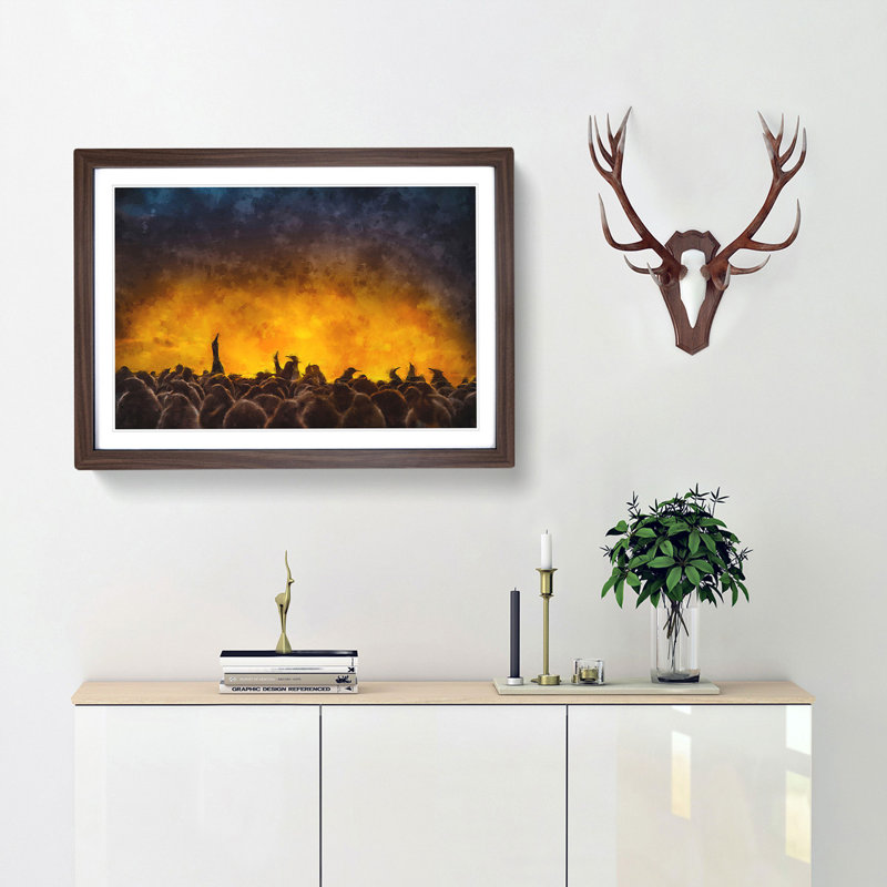 King Penguins and Orange Sunset - Picture Frame Painting Print, 45cm H x 63cm W x 2cm D, Walnut Framed