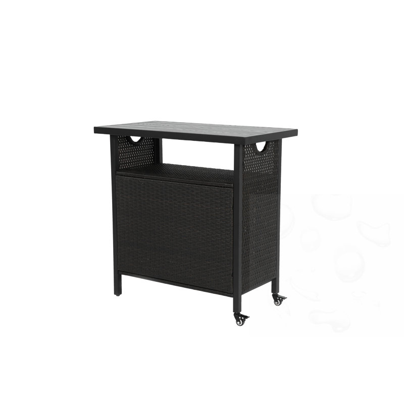 Table de bar de patio en rotin avec roues et plateau en verre, Noir