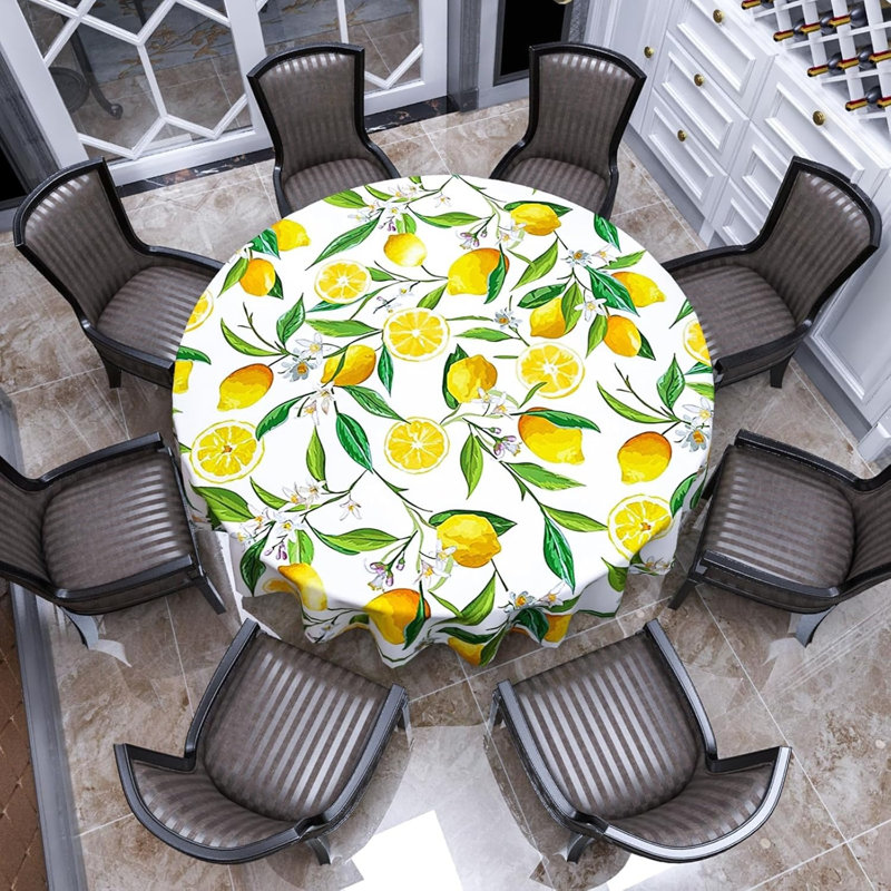Round Lemon Tablecloth Waterproof Washable Wipeable Resistant Polyester Lemon Tree Flowers Leaves Circular Table Cloth Cover  70"