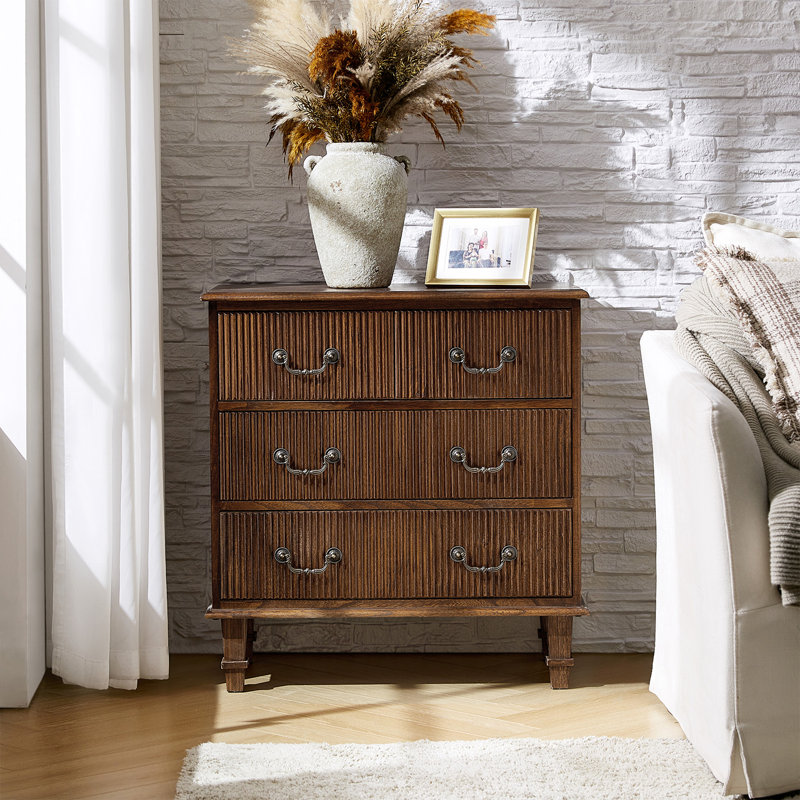 Satine 28" W Solid Wood 4-Drawer End Table with Built-In Electrical Outlet, Walnut