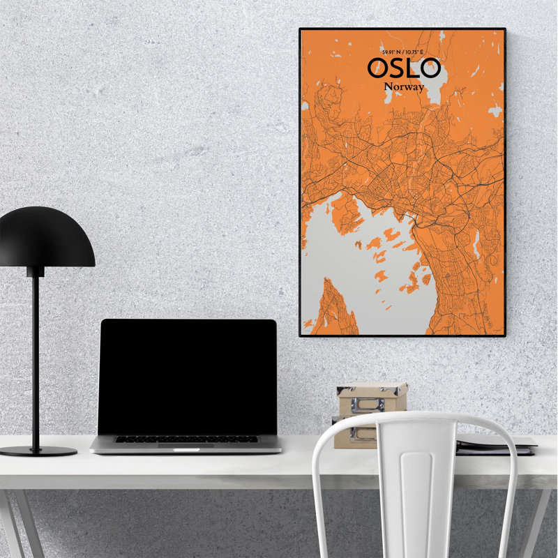 Oslo, carte de la ville, impression, H 36 po x l 24 po, Orange / gris