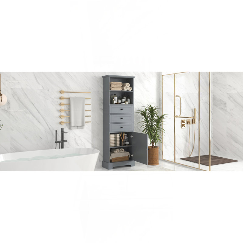 Grande armoire de rangement grise avec 3 tiroirs et tablettes réglables pour salle de bain, bureau, bureau et intérieur, panneau de fibres à densité moyenne avec finition peinte